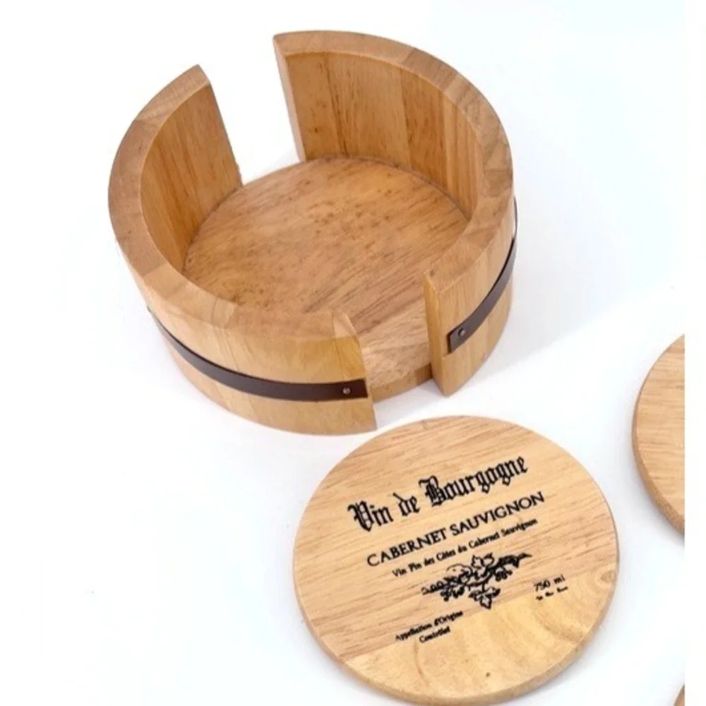 Wine Cask Wooden Coaster Set of 4 Cabernet Sauvignon w Barrel Holder
